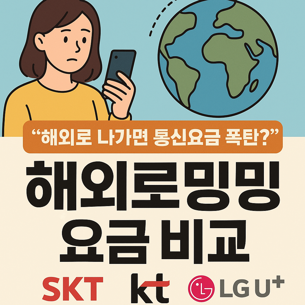해외로 나가면 통신요금 폭탄?"이라는 문구와 함께 스마트폰을 든 여성이 걱정하는 표정을 짓고 있으며, 지구본 일러스트와 SKT, KT, LG U+ 로고가 포함된 해외로밍 요금 비교 인포그래픽