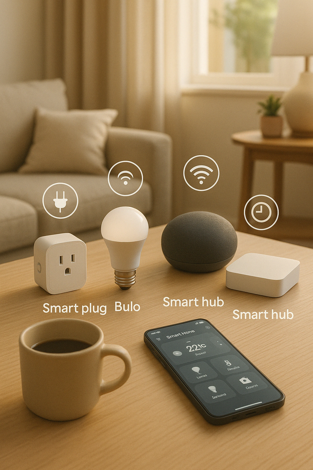 스마트홈 기기들이 놓인 따뜻한 집안 분위기의 인테리어, 스마트 플러그와 조명, 스마트 스피커, 앱 화면이 함께 구성된 자동화 콘셉트 이미지