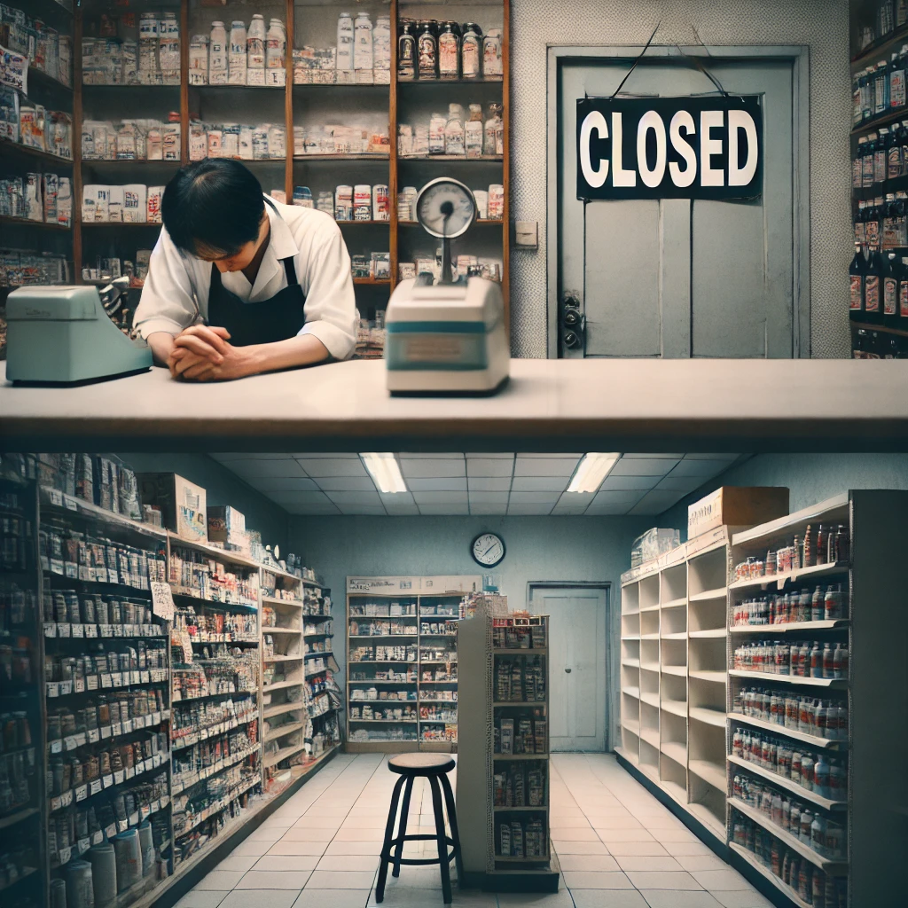 가게 문에 붙어 있는 폐업 안내문