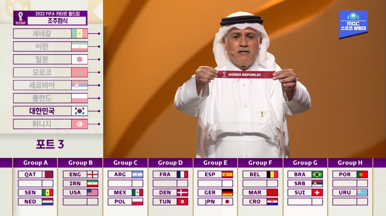 대한민국의 이름이 써진 추첨지가 들어올려져 발표되는 장면