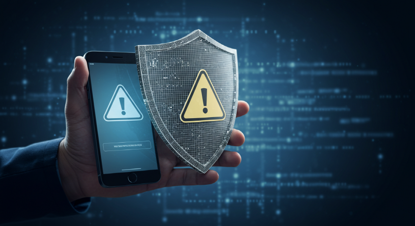 가상자산 사기 예방을 상징하는, 경고 화면이 뜬 스마트폰을 보호하는 방패