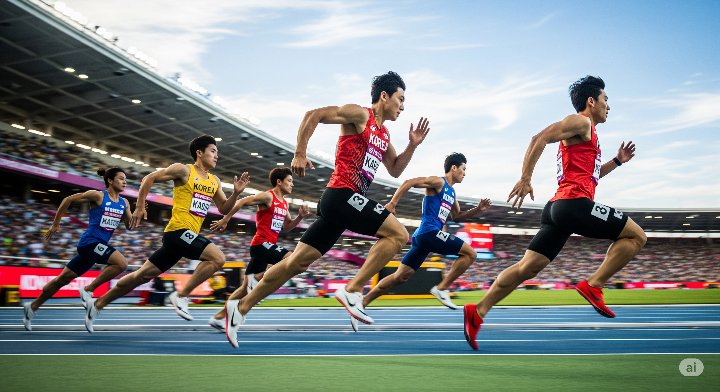 육상선수들이 함께 트랙을 달리는 역동적인 모습