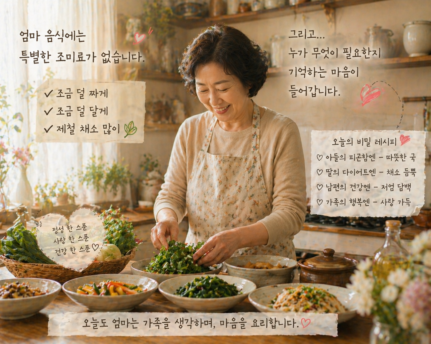 엄마가 따뜻한 주방에서 제철 채소와 반찬을 준비하며 가족을 생각해 요리하는 장면