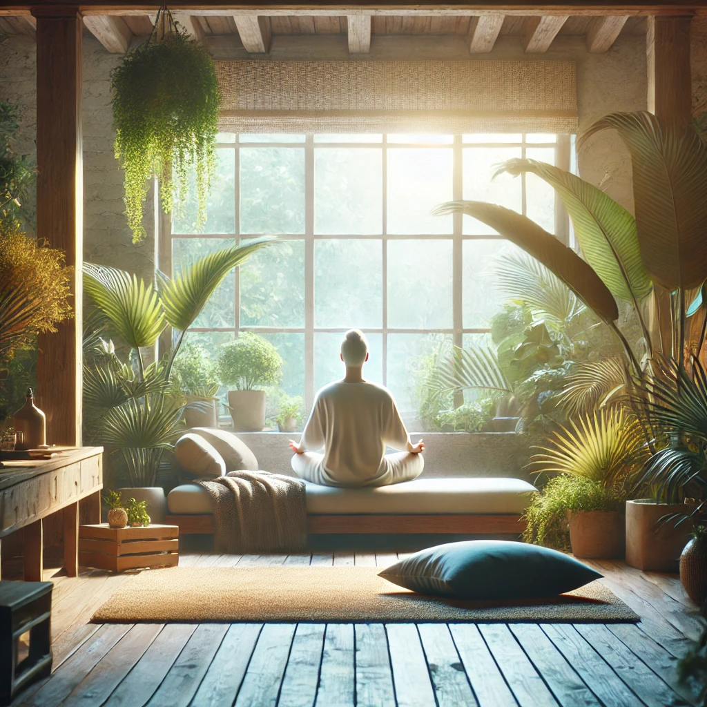 편안한 실내 공간에서 자연광과 식물들로 둘러싸인 채 명상에 집중하는 사람&amp;#44; 차분하고 집중된 분위기를 연출