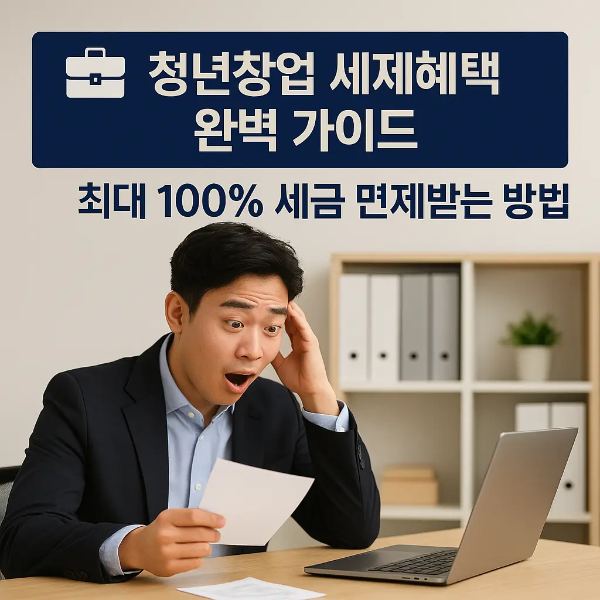 세금 고지서를 보고 놀라는 표정의 한국인 청년 사업가와 “청년창업 세제혜택 완벽 가이드 ❘ 최대 100% 세금 면제받는 방법” 텍스트 이미지