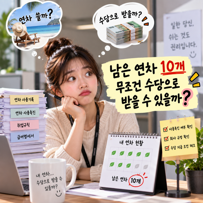 남은 연차 10개가 무조건 연차수당으로 지급되는지 연차사용촉진 여부와 회사 규정을 확인하는 직장인 이미지