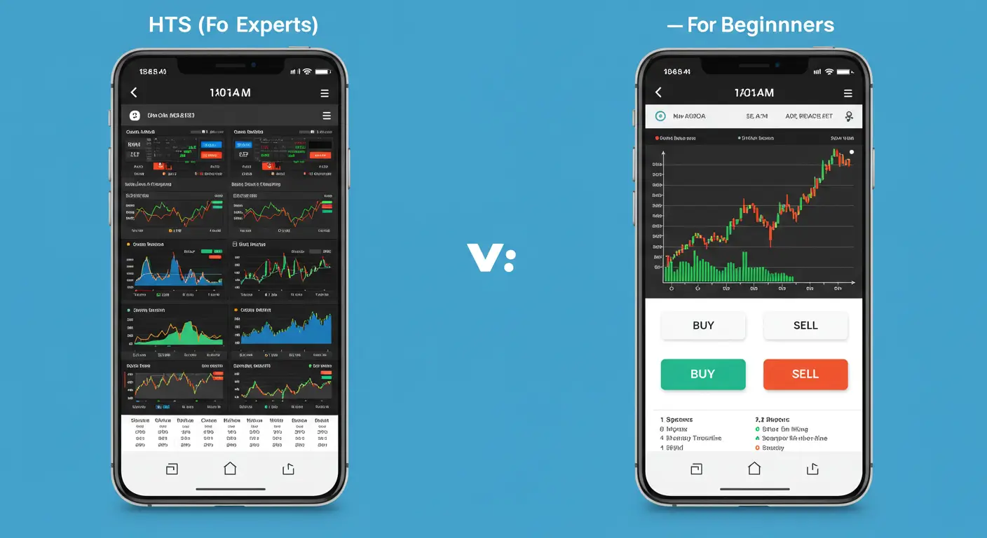 전문가용의 복잡한 HTS 화면과 초보자용의 단순한 MTS 화면 비교