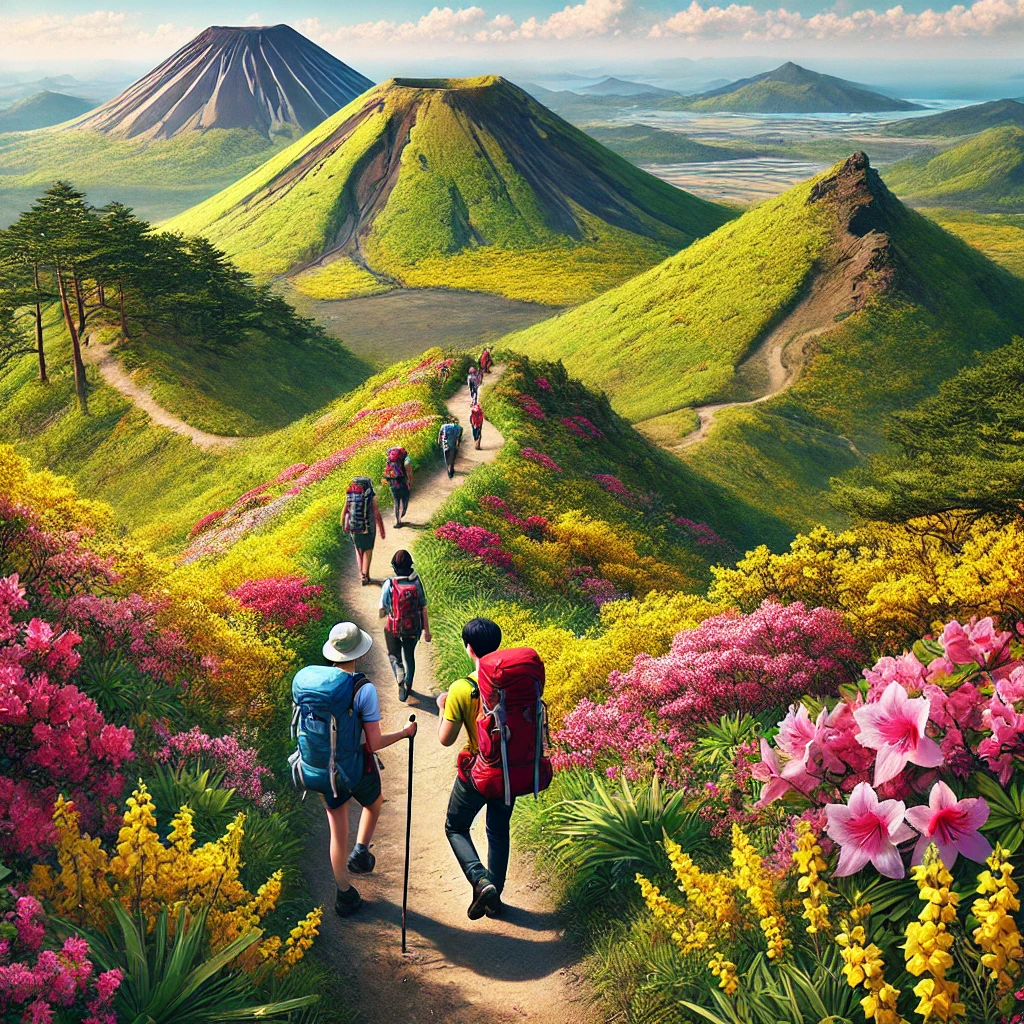 제주도의 한라산과 오름을 트레킹하는 여행객, 봄꽃이 만개한 등산길과 푸른 하늘이 어우러진 풍경