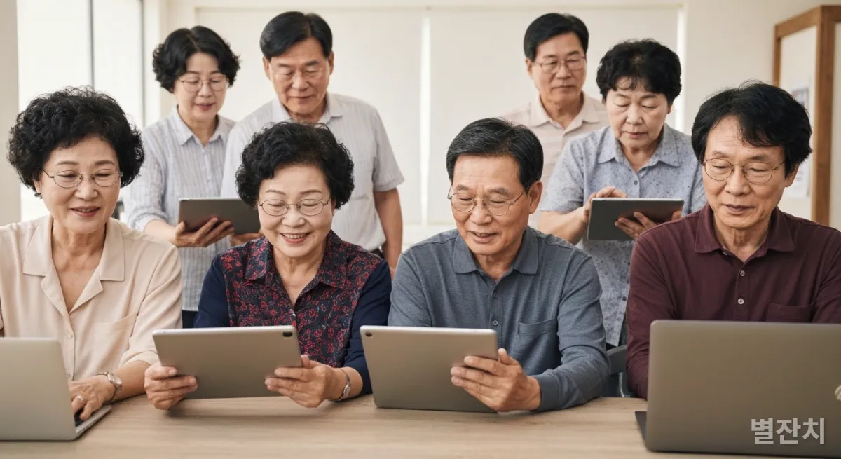 부산의 커뮤니티 센터에서 디지털 교육을 받는 다양한 연령대의 한국인 시니어들