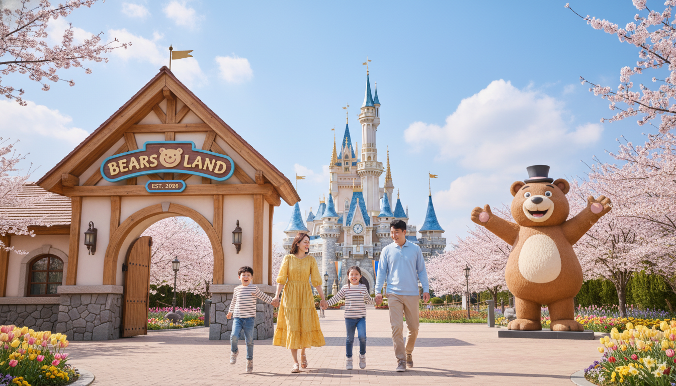2026년 봄, 화창한 날씨의 베어스랜드 정문 앞에서 행복하게 입장하는 4인 가족의 모습과 뒤로 보이는 곰돌이 마스코트 동상