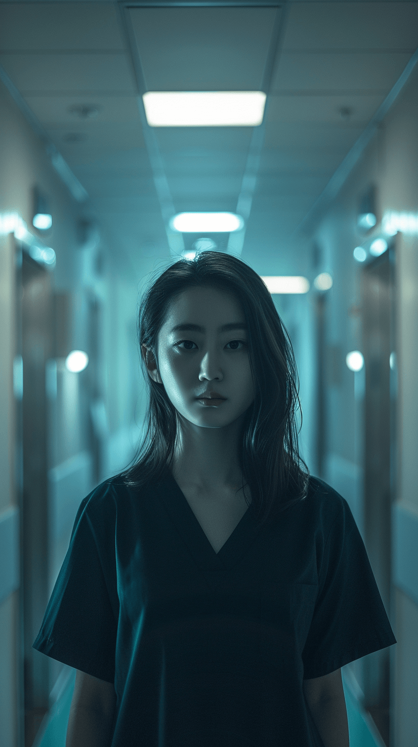 복도에-서-있는-수술-가운을-입은-무표정의-여자