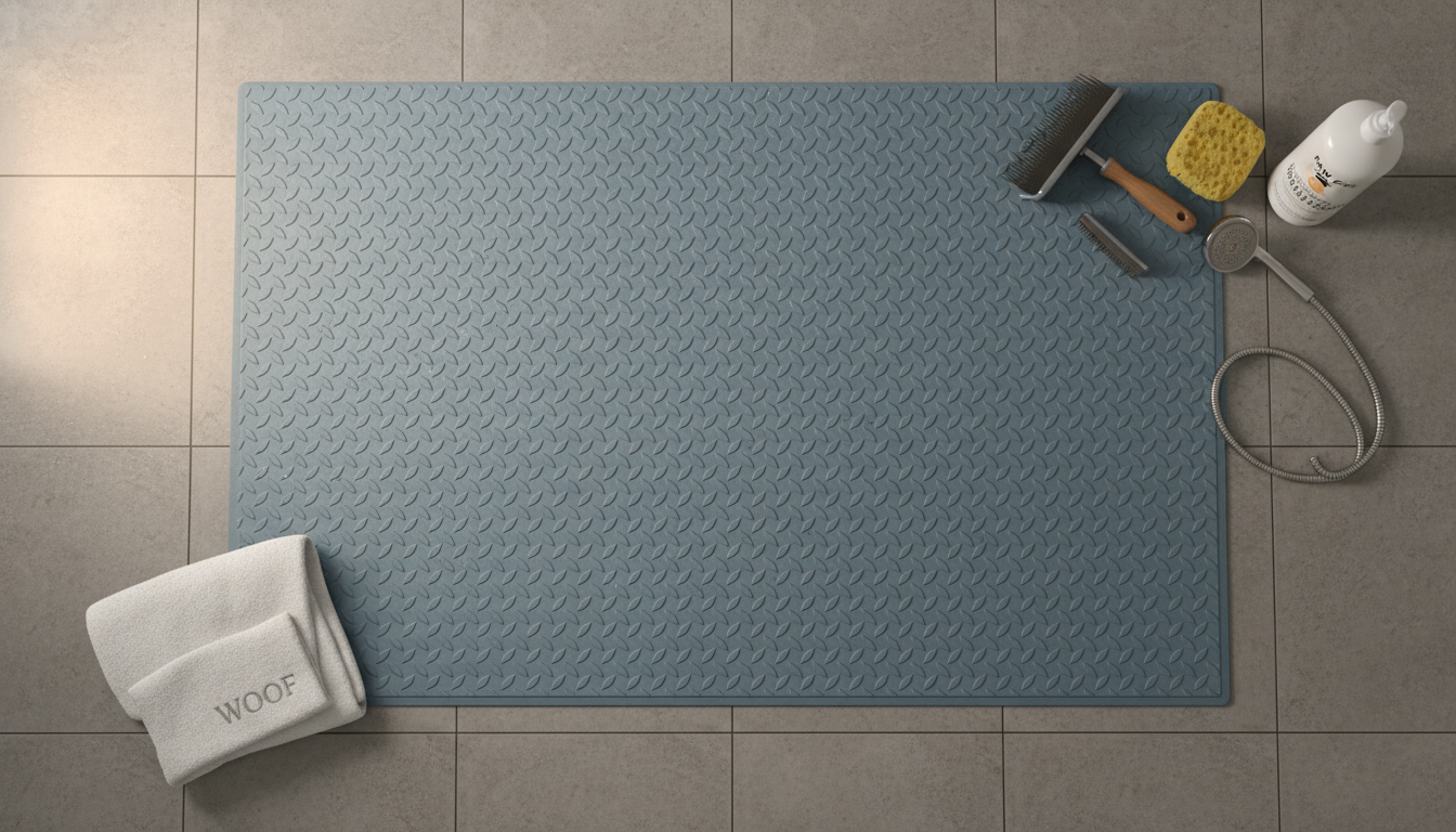대형견 목욕을 위해 안전하게 미리 세팅된 미끄럼 방지 매트와 강아지용 목욕 용품들