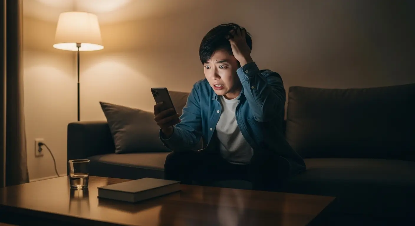 스마트폰으로 대출 거절 알림을 확인하고 답답해하며 머리를 감싸 쥐는 사람의 모습