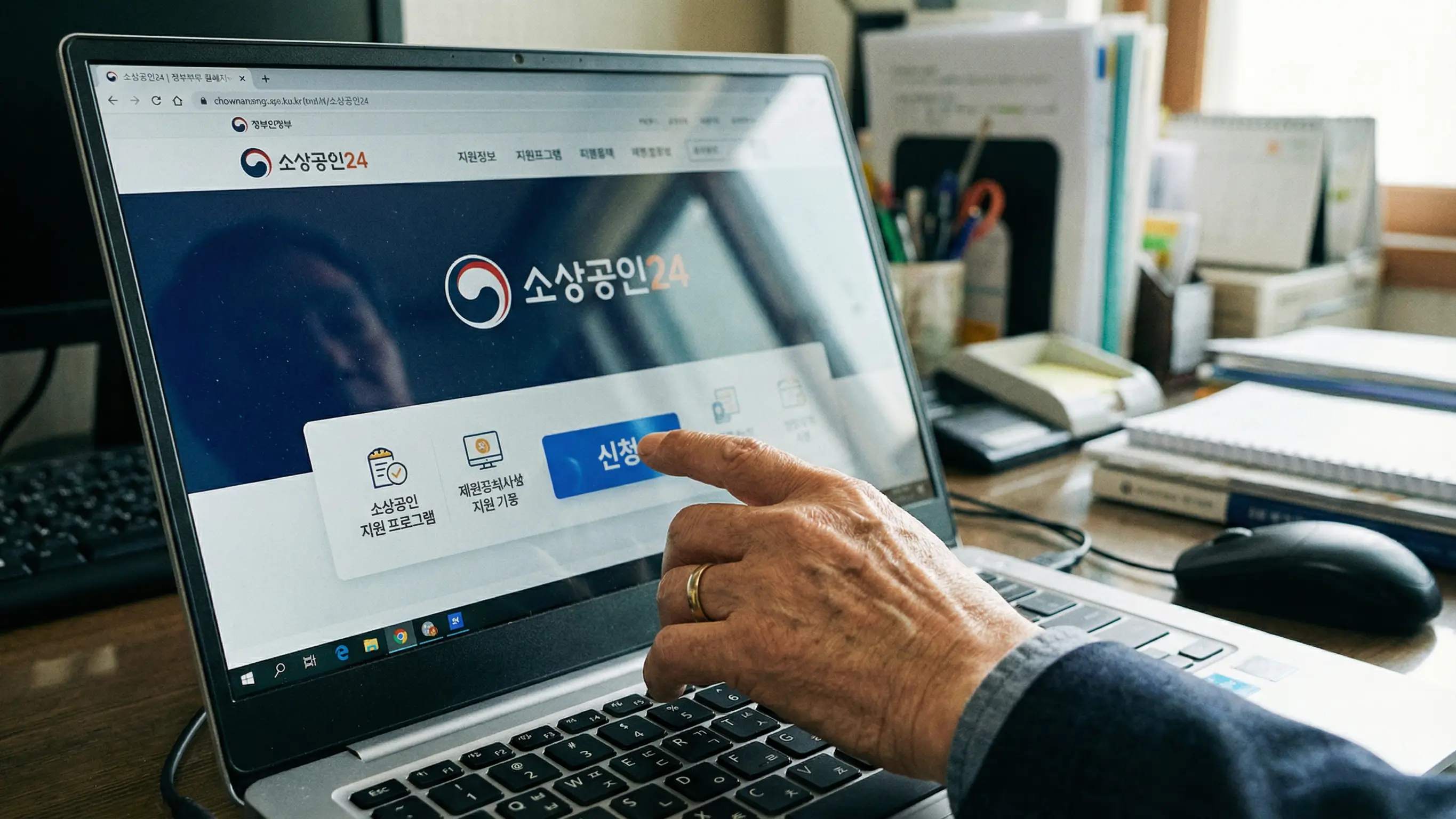 노트북 화면에 소상공인24 홈페이지를 띄워놓고 신청 버튼을 클릭하는 사장님의 손 클로즈업
