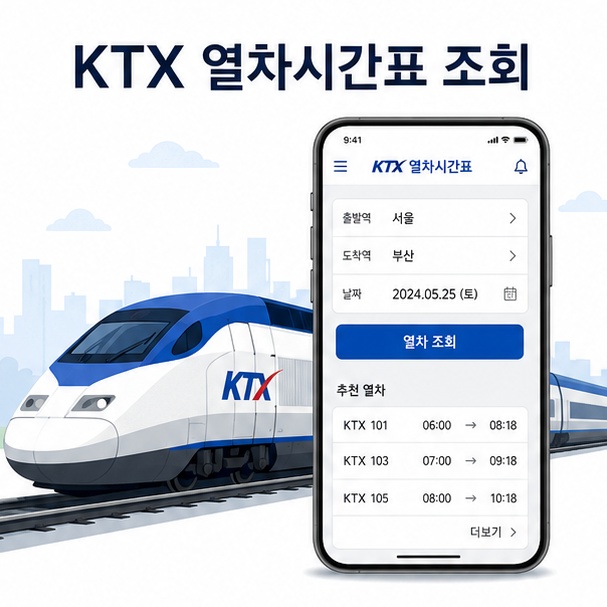 KTX 열차와 스마트폰으로 표현한 열차시간표 조회 방법 안내 이미지