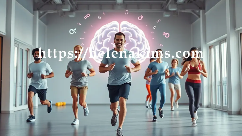 운동하는 사람들의 실루엣 뒤로 뇌의 형태를 띠는 희미한 빛이 퍼져나가고, 혈류가 활발해지는 듯한 역동적인 에너지 흐름을 시각적으로 표현한 이미지.