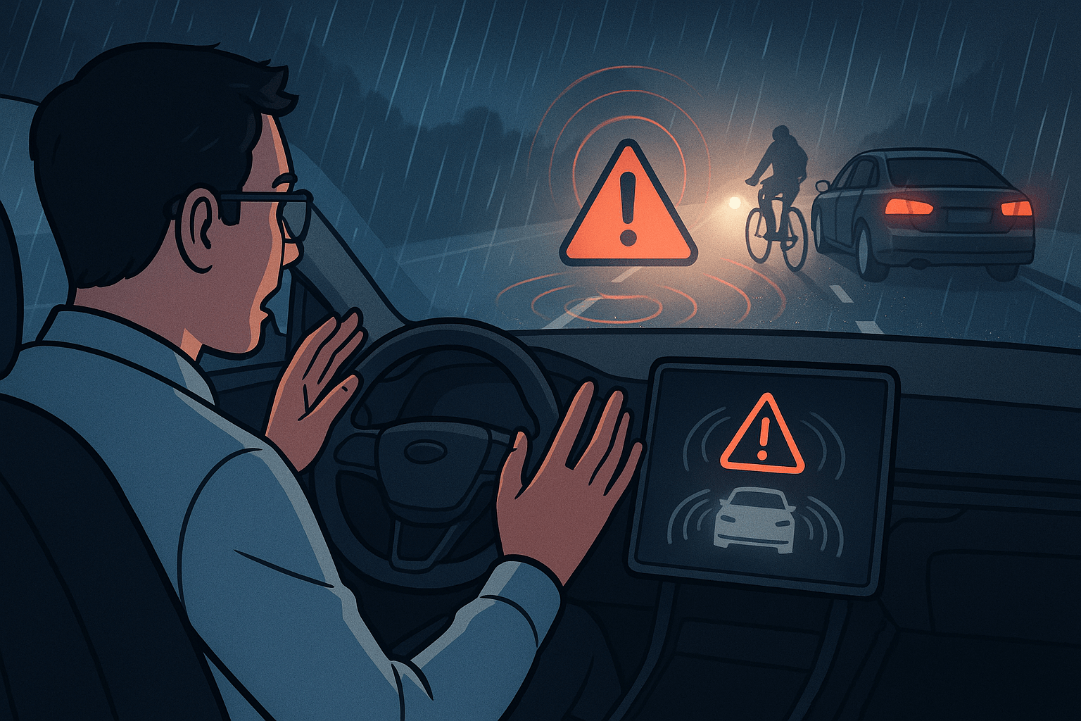 이 이미지는 비상 상황에서 자율주행차의 긴급 대응 알고리즘이 작동하는 순간을 묘사한 디지털 일러스트입니다.
비 오는 어두운 밤, 한 남성이 자율주행 차량의 운전석에 앉아 놀란 표정으로 도로를 응시하고 있으며, 차량 전방에는 자전거를 타고 도로를 가로지르는 인물이 등장합니다. 차량 내부 디스플레이와 전방 시야에는 **경고 아이콘(느낌표)**이 붉게 점등되어, 자율주행 시스템이 위험을 감지하고 즉각적인 회피 또는 제동을 준비하고 있음을 시각화합니다.
전반적인 색조는 어두운 푸른 계열과 따뜻한 경고색의 대비로 구성되어, 위기 상황의 긴장감과 기술적 대응을 동시에 표현합니다.
비상 감지, 실시간 판단, 센서 경고 등 자율주행차의 위기 인식 알고리즘을 직관적으로 보여주는 대표 이미지로 활용하기에 적합합니다.