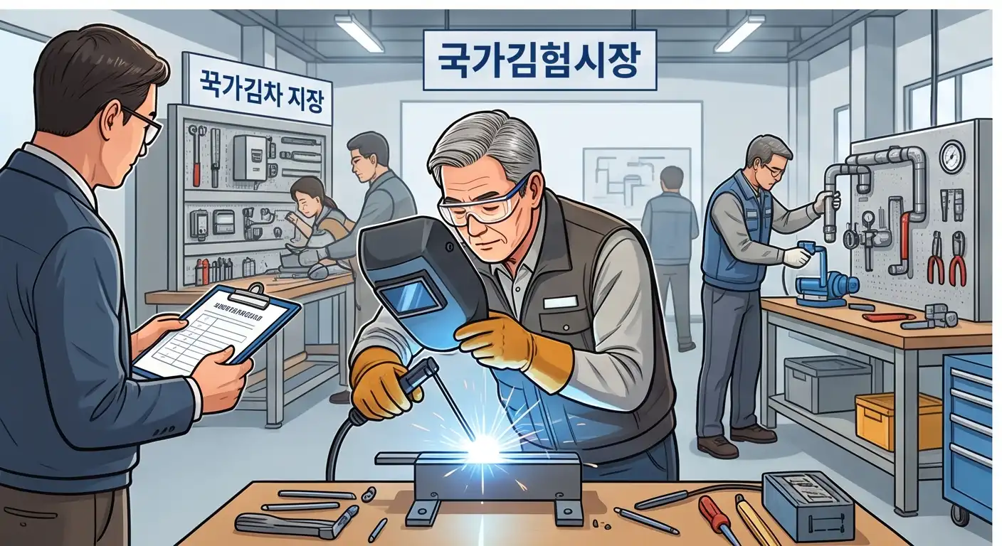 국가기술자격 실기 시험장에서 감독관이 지켜보는 가운데 용접 작업을 진행하는 수험생 일러스트