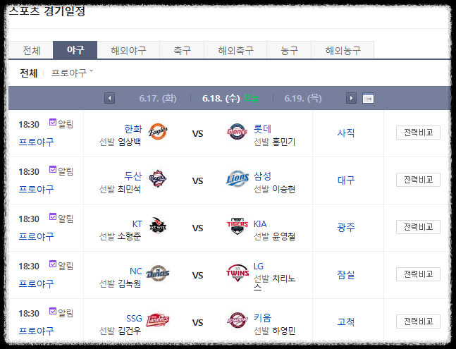 25년 6월 18일(수) 프로야구 경기 일정(출처:네이버스포츠)