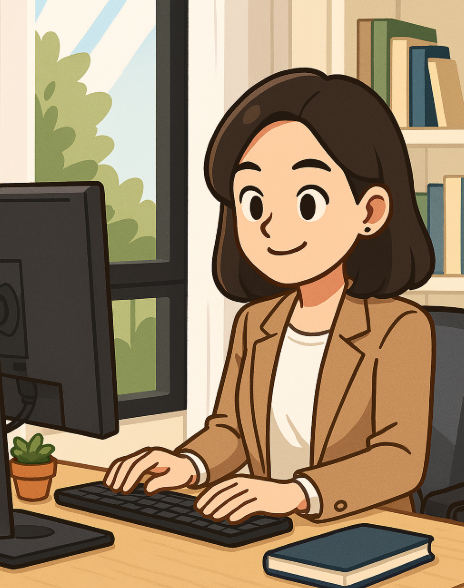 눈 건강을 위해 바른 자세로 책상에서 컴퓨터를 사용하는 MZ세대 캐릭터