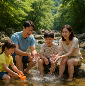 계곡에서 물놀이 하고 있는 가족 모습