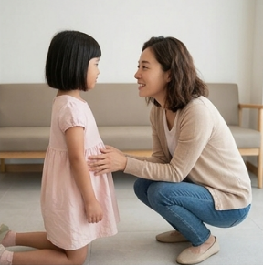 엄마가 무릎 낮춰 아이 눈을 마주보는 모습