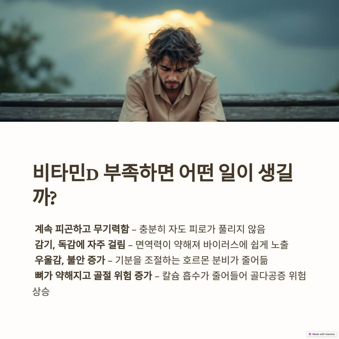 벤치에 앉아 우울한 표정을 짓고 있는 남성. 비타민D 부족 증상을 설명하는 카드