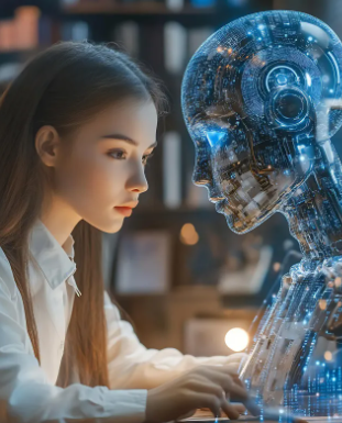 컴퓨터 AI 로봇과 마주하고 있는 소녀 사진