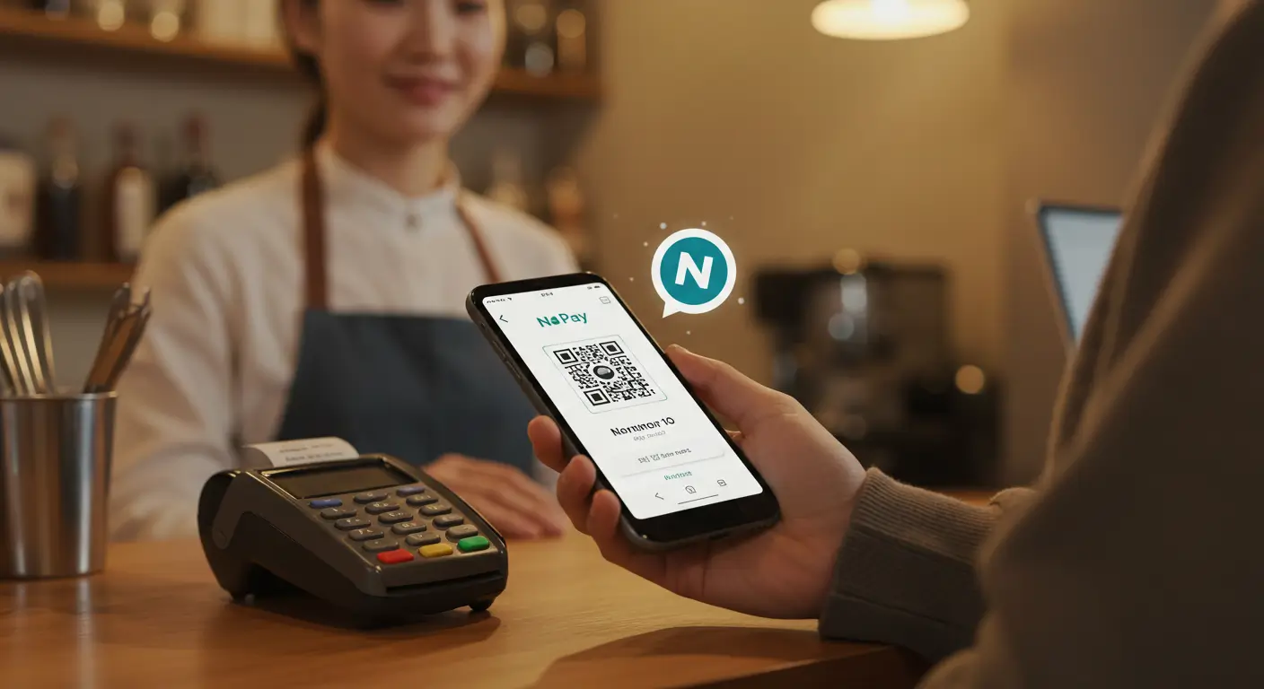 한 젊은 사람이 동네 카페에서 스마트폰(네이버페이)으로 QR 결제를 하며 만족스러운 미소를 짓고 있는 모습