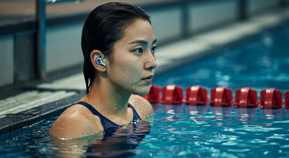 수영 시 귀마개·수영모로 물 유입을 막는 모습