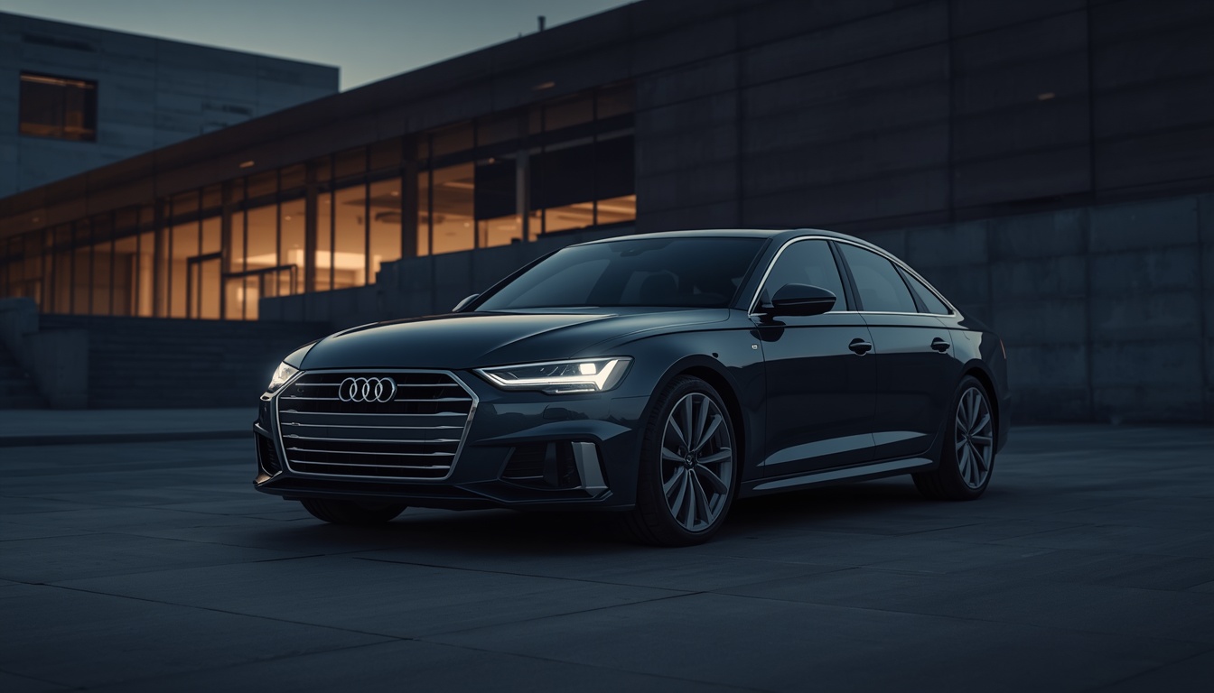 A modern Audi A6 luxury sedan parked in a sleek urban setting at twilight with its headlights on.