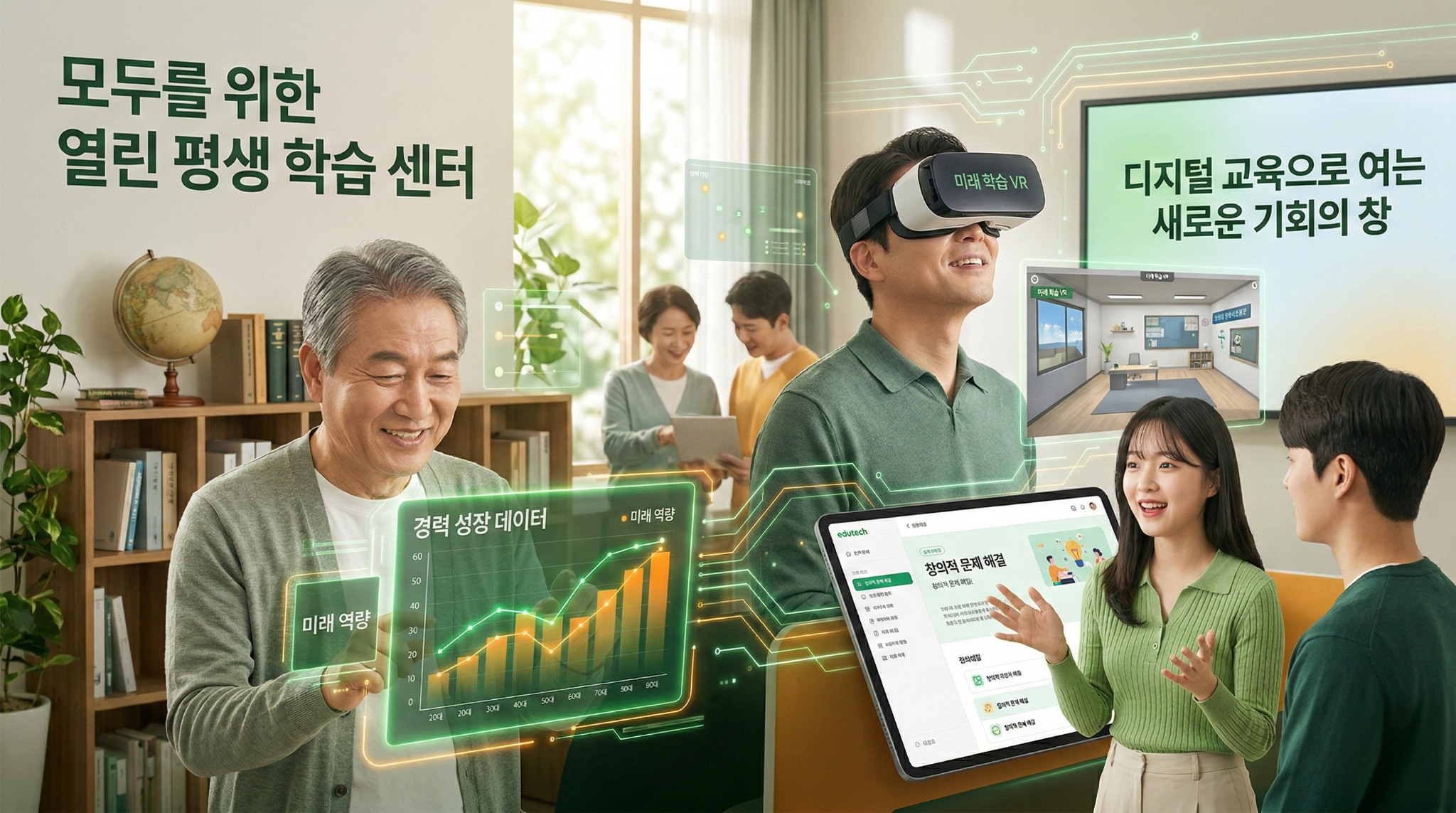 다양한 연령대의 성인 학습자들이 에듀테크 기기를 활용하여 평생 교육을 받는 모습, 희망찬 미래를 상징합니다.