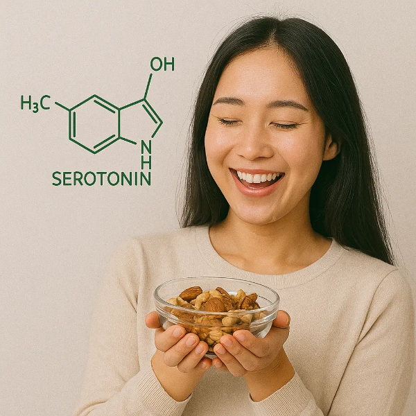 수면 유도에 도움 되는 견과류를 들고 미소 짓는 한국인 여성 이미지