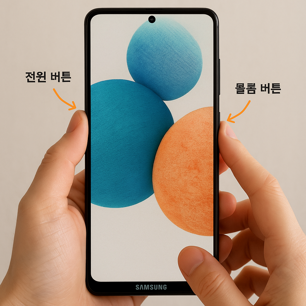 갤럭시 스마트폰에서 전원 버튼과 볼륨 버튼을 동시에 눌러 캡처하는 모습