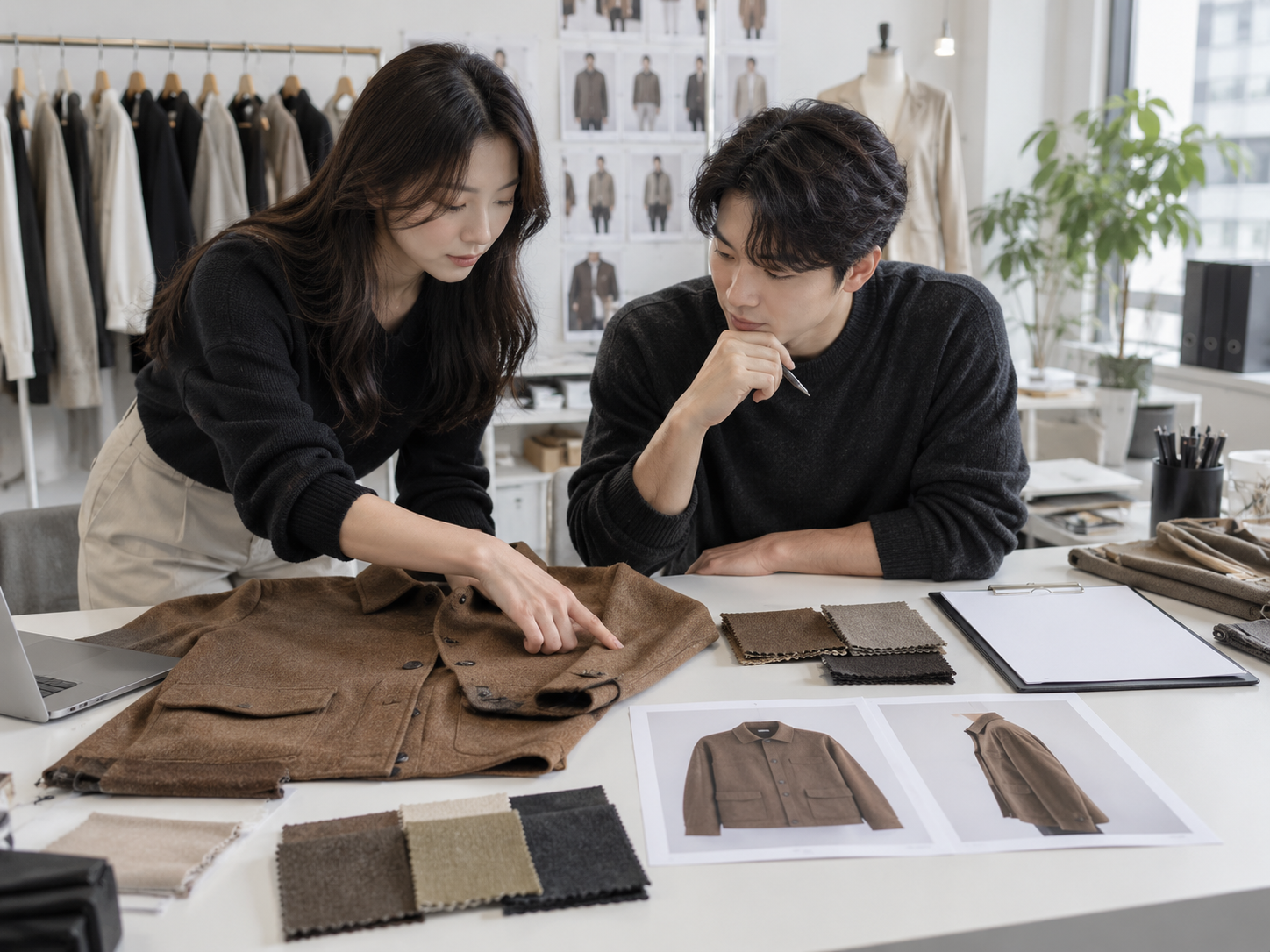 브라운 재킷과 상품 사진을 함께 검토하는 패션 이커머스 팀