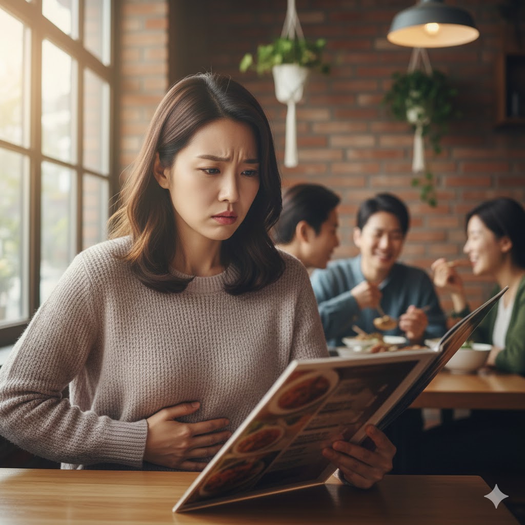 식당에서 메뉴 고르며 고민하는 여성