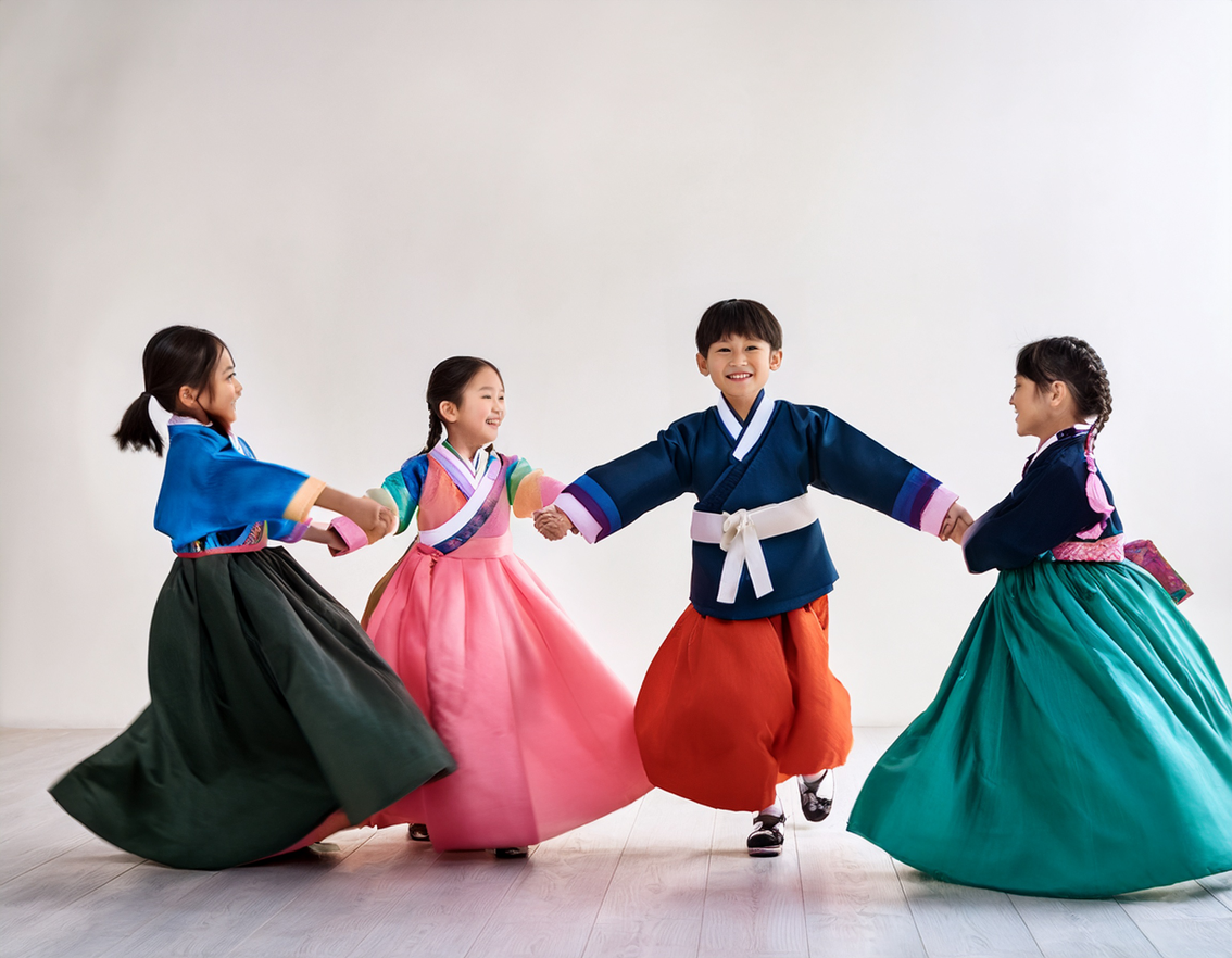 한복 입고 전통놀이 하는 사진