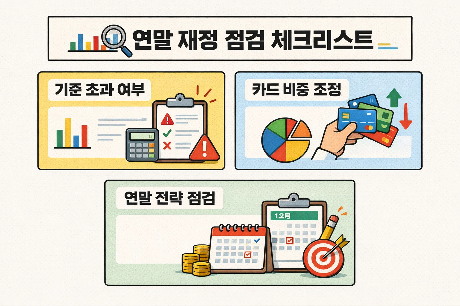 연말 소득공제 체크카드 신용카드 전략을 기준 초과 여부 점검과 카드 비중 조정 관점에서 정리해 실제 환급액을 극대화하는 전략을 보여주는 이미지입니다