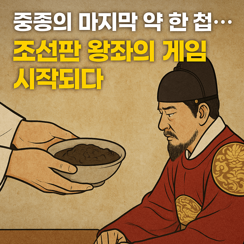 중종의 마지막 약 한 첩… 조선판 왕좌의 게임 시작되다"라는 문구가 삽입된, 전통 동양화 스타일로 그려진 조선 시대 중종의 초상화 일러스트 썸네일 이미지.