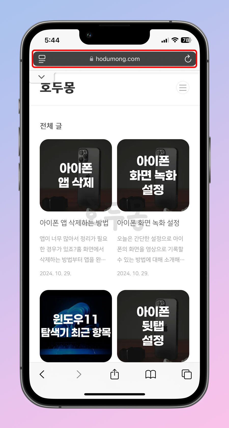 단일 탭 사파리 화면