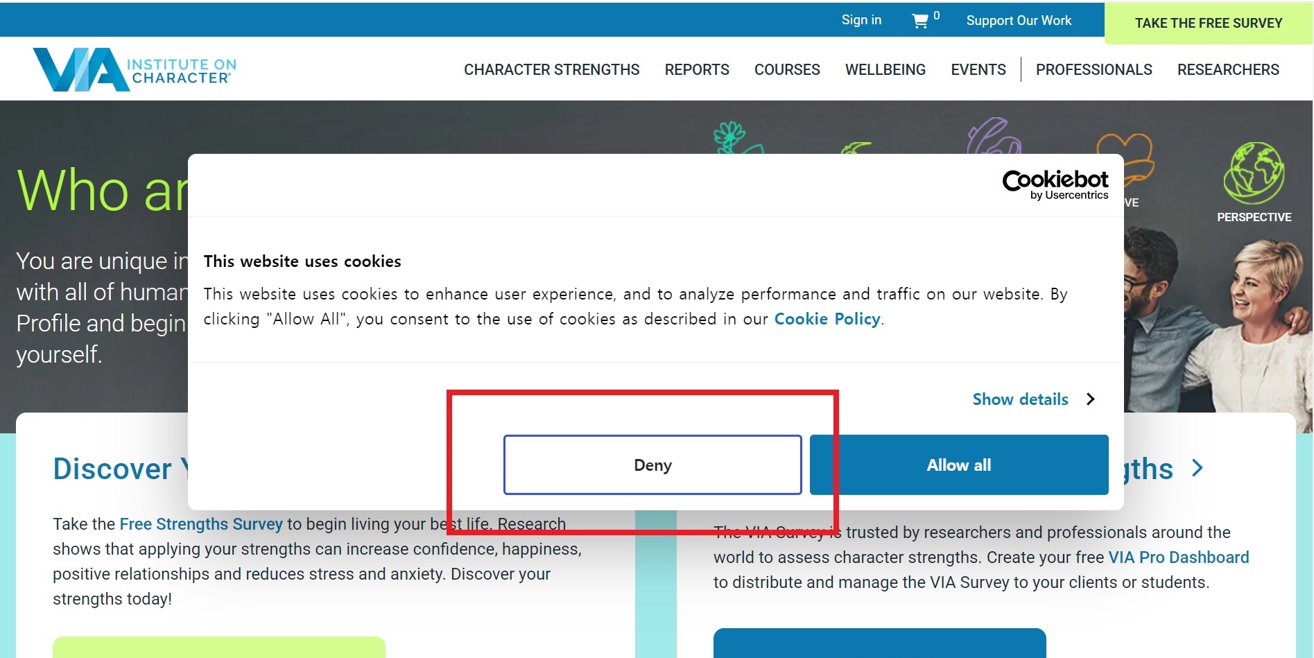 the cookie setting of the website
