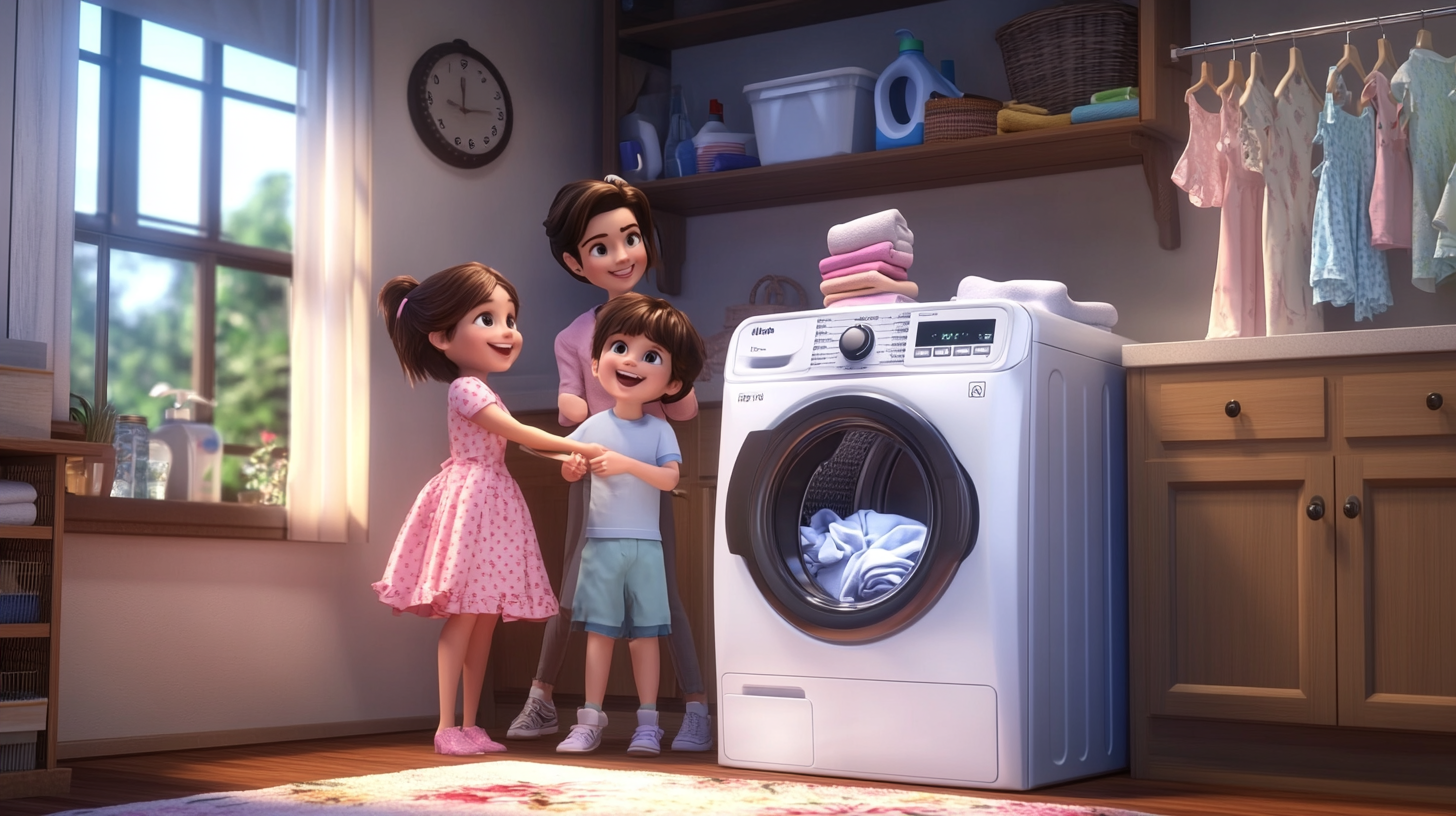 시간 절약과 공간 효율성을 제공하는 삼성 AI 세탁기로 여유로운 시간을 보내는 행복한 가족의 모습