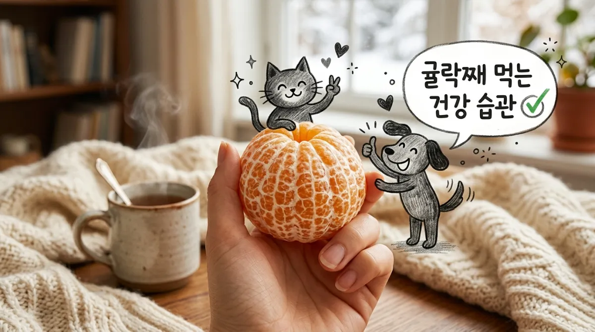 귤락이 붙은 귤을 손으로 들고 있는 실사 사진에 브이 사인하는 스틱 캣과 말풍선 든 스틱 독 캐릭터가 결합된 믹스드 미디어 아트, '귤락째 먹는 건강 습관' 한글 텍스트 오버레이