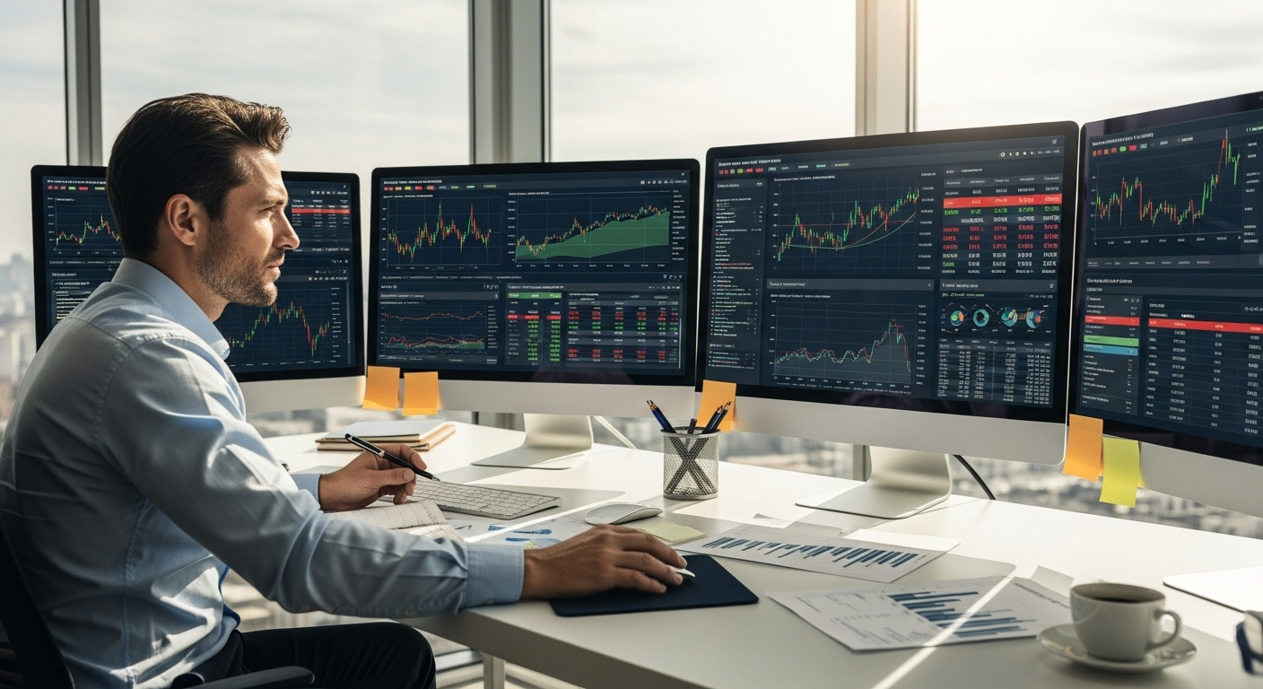 경제지표 데이터를 분석하며 주식시장 타이밍을 연구하는 투자자의 모습