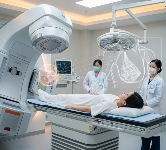 유방암 환자의 실제 방사선 치료 장면 (연출된 병원복 착용 이미지)