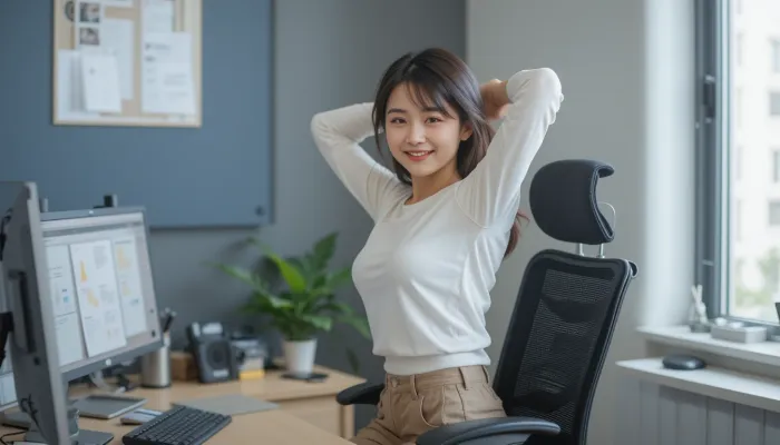 사무실에서 허리 스트레칭을 하는 30대 한국인 여성