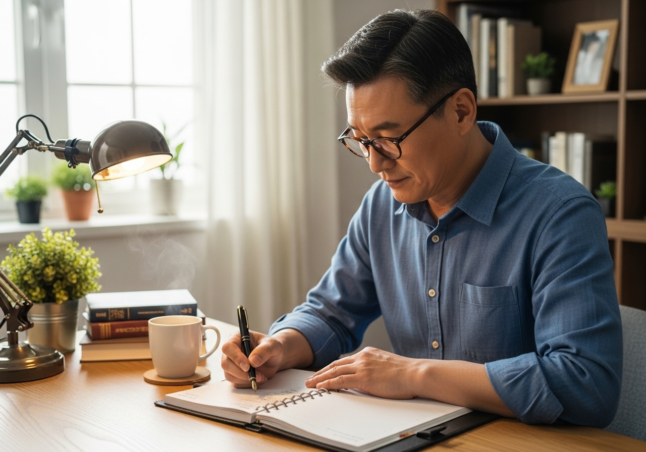 50대 남성 저널링 플래너 사용