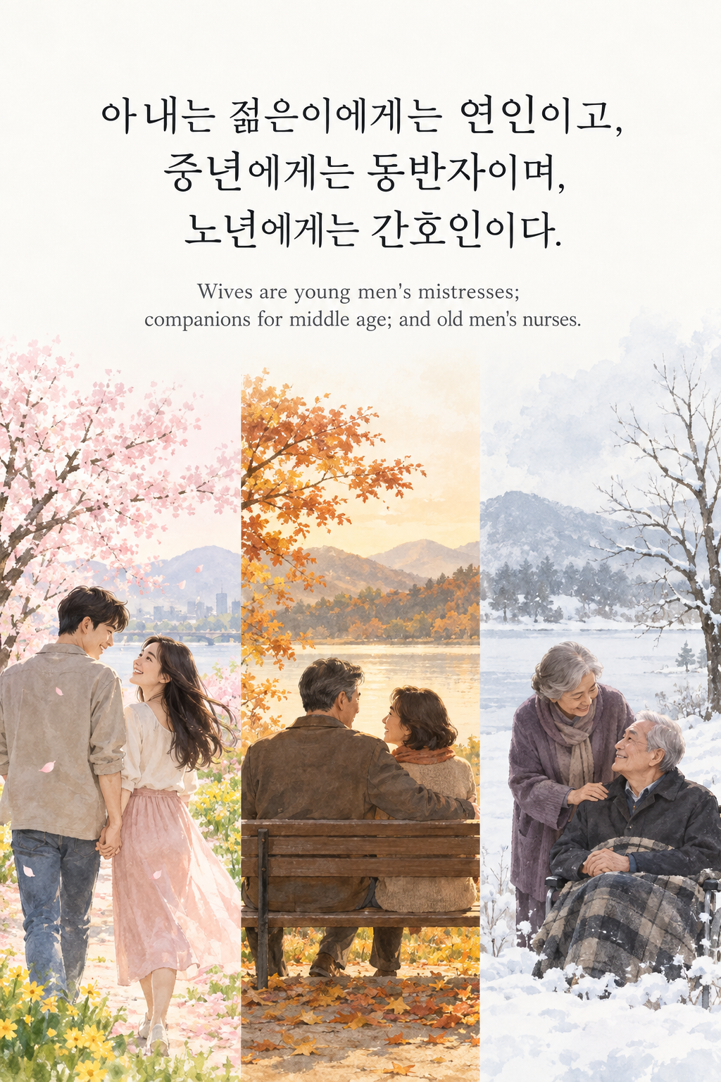 프랜시스 베이컨 명언 8 — 아내는 젊은이에게는 연인이고, 중년에게는 동반자이며, 노년에게는 간호인이다.