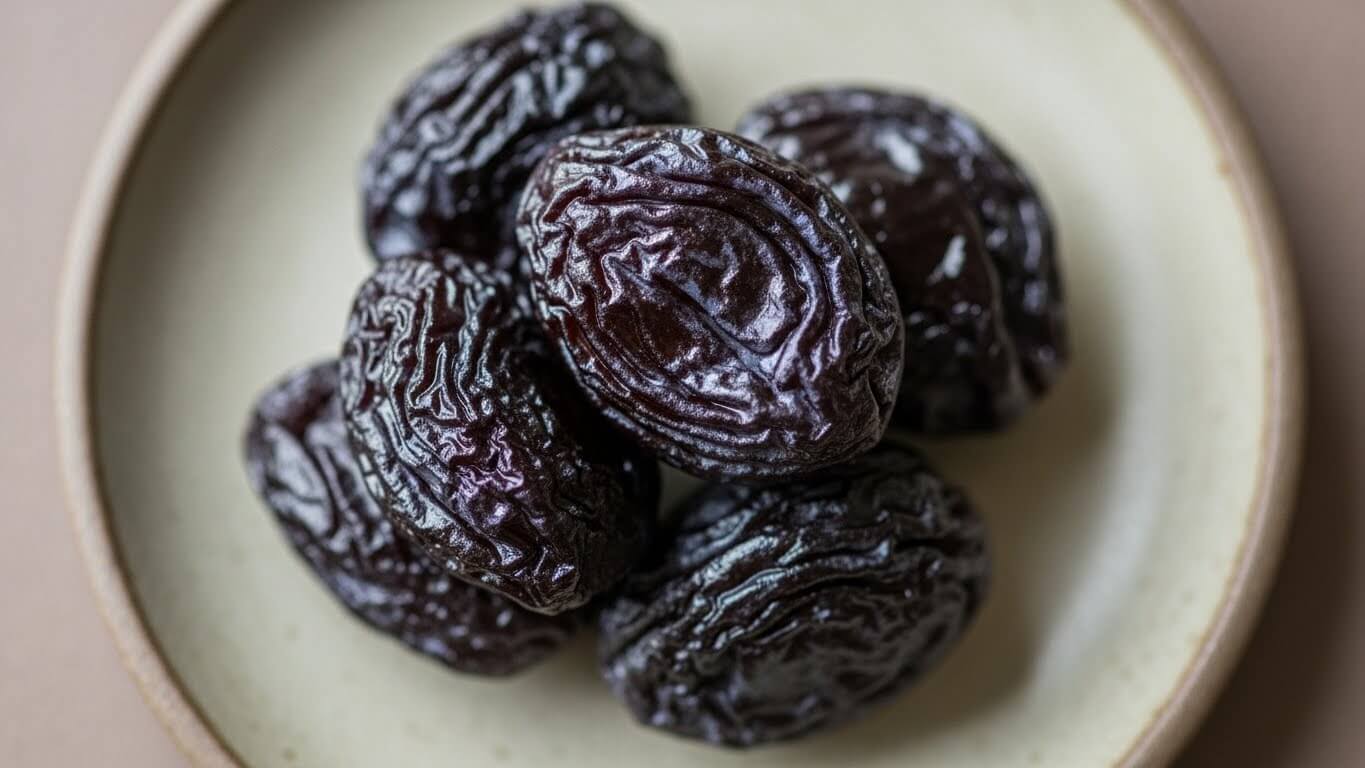접시 위에 놓인 말린 푸룬 여러 개의 표면 질감 클로즈업