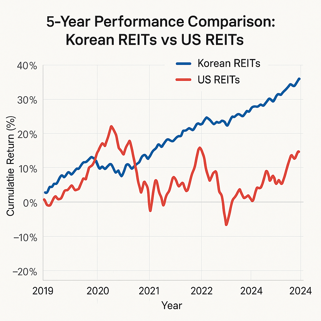 REITs 시장 성과 비교 차트 - 국내 vs 미국 리츠 5년 수익률 추이